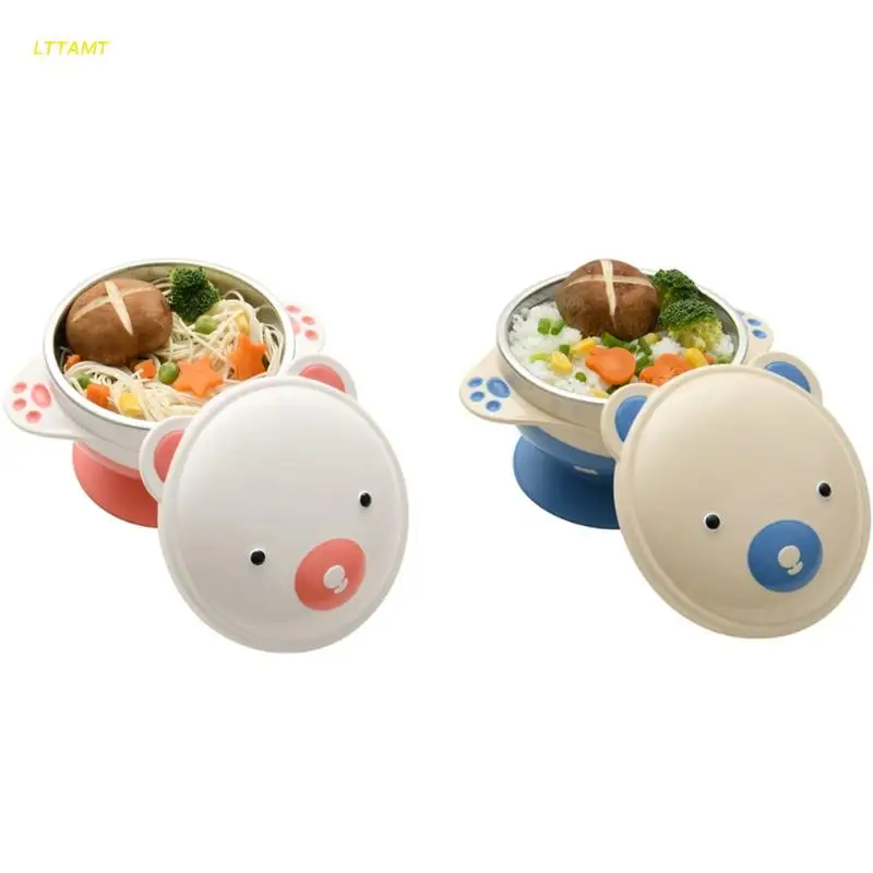 

Милая мультяшная детская миска из нержавеющей стали на присоске, тарелка, посуда, коробка для еды с крышкой, Детская обучающая тренировочна...