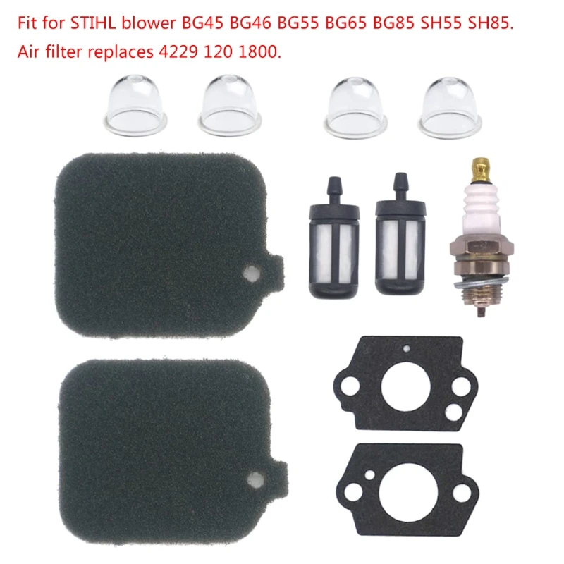 

2 Pack Air Filter with Fuel Filter Spark Plug Gasket Primer Bulb Turn up kit for Stihl Blower BG45 BG46 BG55 BG65 BG85