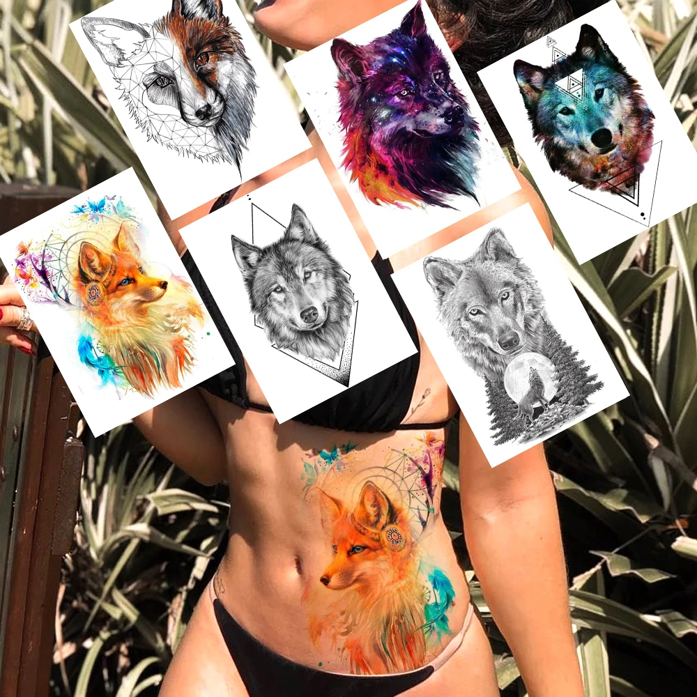 

Watercolor Wolf Temporary Tattoos Fake Dreamcatcher Geometric Planets Tatoos For Women Men Fashion Body Art Wasit Tatoos Sticker