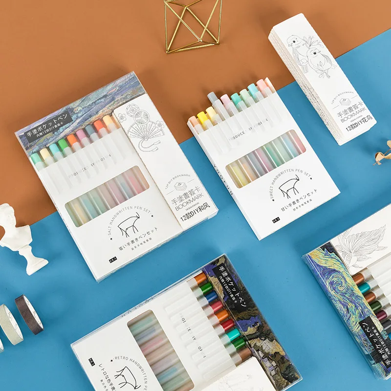 

9pcs/set Morandi Ink Gel Pens with 12pcs Bookmarks for Free Drawing DIY Marker Liner Office School Journal Supplies E6762