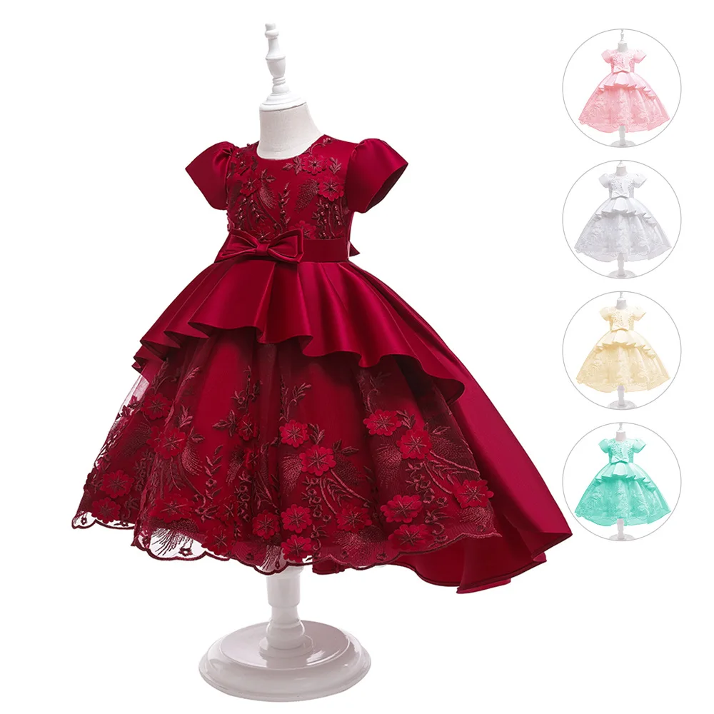 

2021 European and American girls princess dress embroidery in big children's tail evening dress girl net gauze tutu skirt