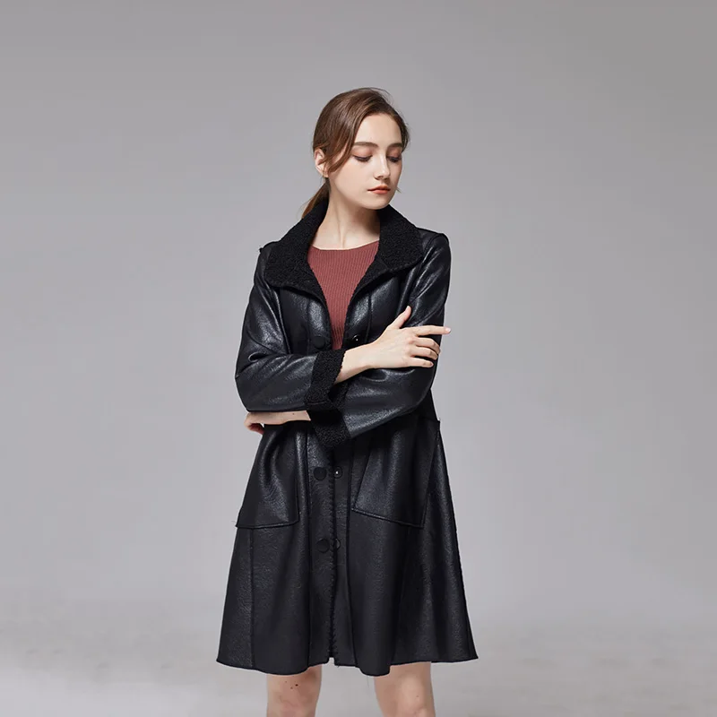 XL-5XL зимняя флисовая женская кожаная куртка черное пальто из искусственной кожи