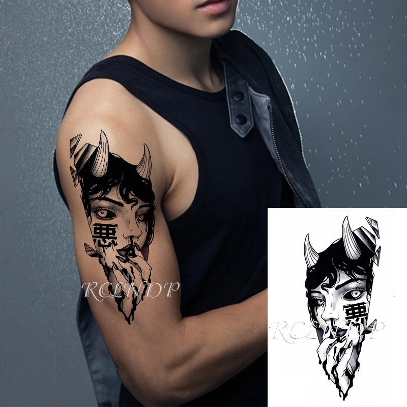 

Водостойкая Временная тату-наклейка, привлекательная девушка, рог, китайское слово «e», геометрические узоры, флэш-тату для мужчин, женщин и ...