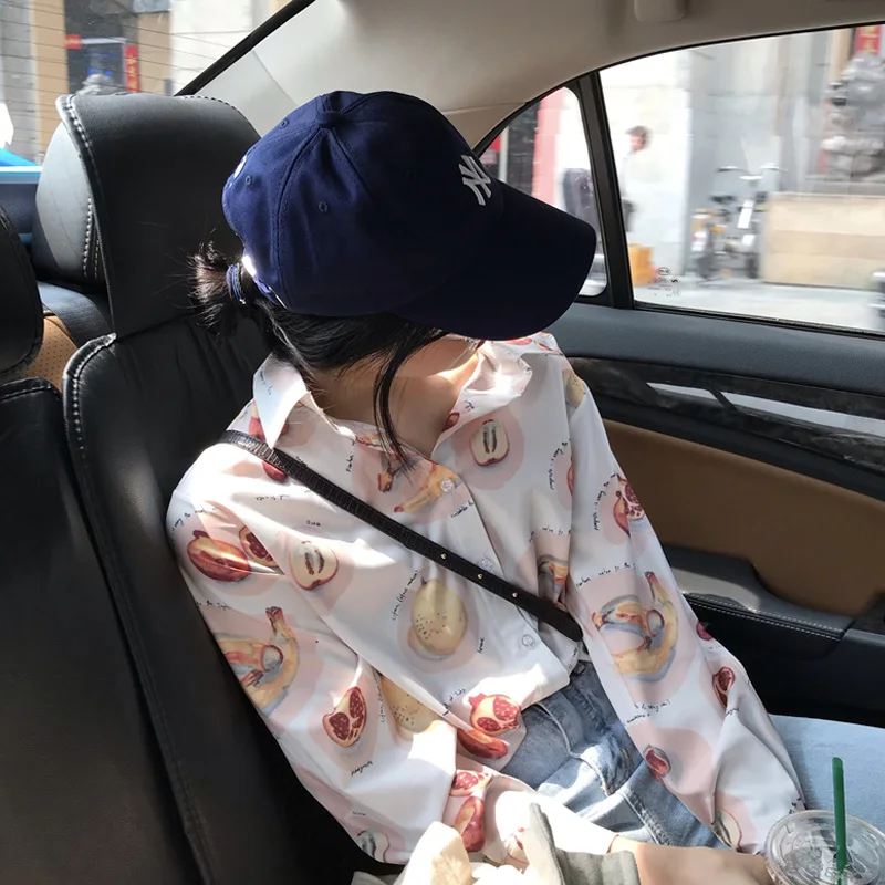 

2019 Summer Women's Vintage Fruit Print Chiffon Shirt Chiffon Long Sleeve Lapel Shirt