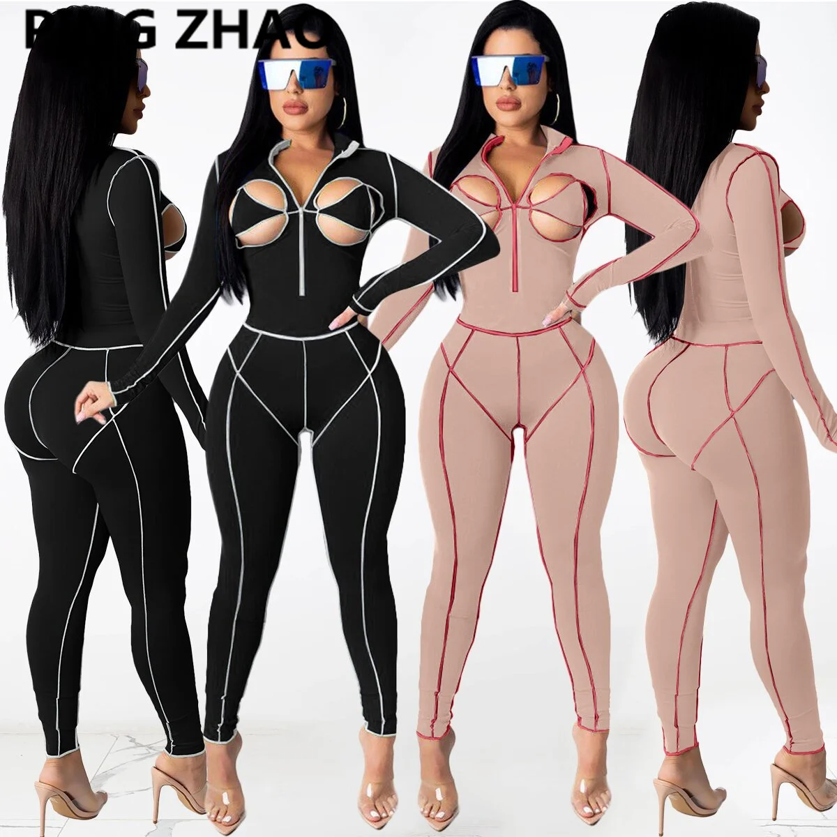 

PING ZHAO Women Cut Out Bra Zipper Bodycon Long Sleeve Jumpsuit Sexy Party One Piece Overall Romper