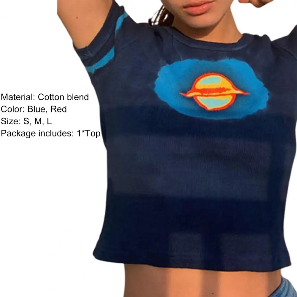 

T-shirt Short Sleeve Color Block Blouse Women Planet/Floral Print Slim Crop Top for Summer Floral Print Crop Top T-shirt Short