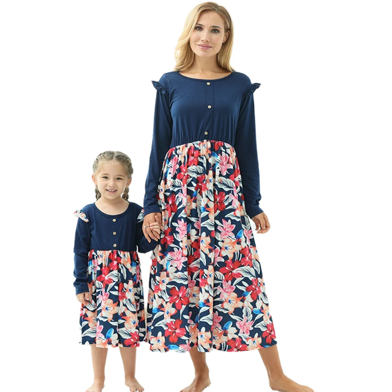 

New Spring Mother Daughter Matching Dresses Long Sleeve Flower Mommy and Me Dress Mother Girls Bbay Romper Matching Long Dress