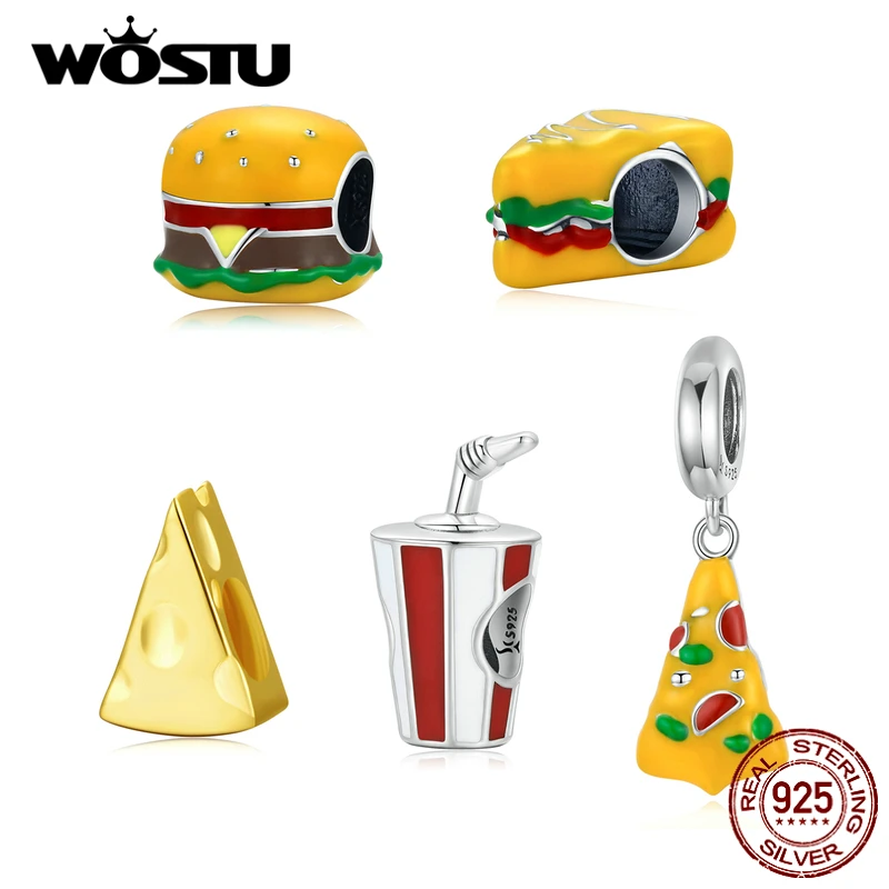 

WOSTU 925 Sterling Silver Delicious Fast Food Burger Coke Pizza Charm Beads Fit For Orignal DIY Bracelet Bangles Gift FIC2016