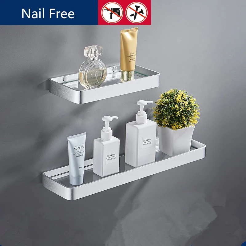 bathroom shelf bath shower shelf nail free glass shelf satin bathroom corner shelf 25 50cm aluminum kitchen storage holder free global shipping