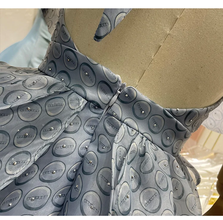 

2021 Summer Backless Sexy Dress Women Clothing French Women's New Puffy Lotus Leaf Halter Midi Dress Blue Short Prom Dress