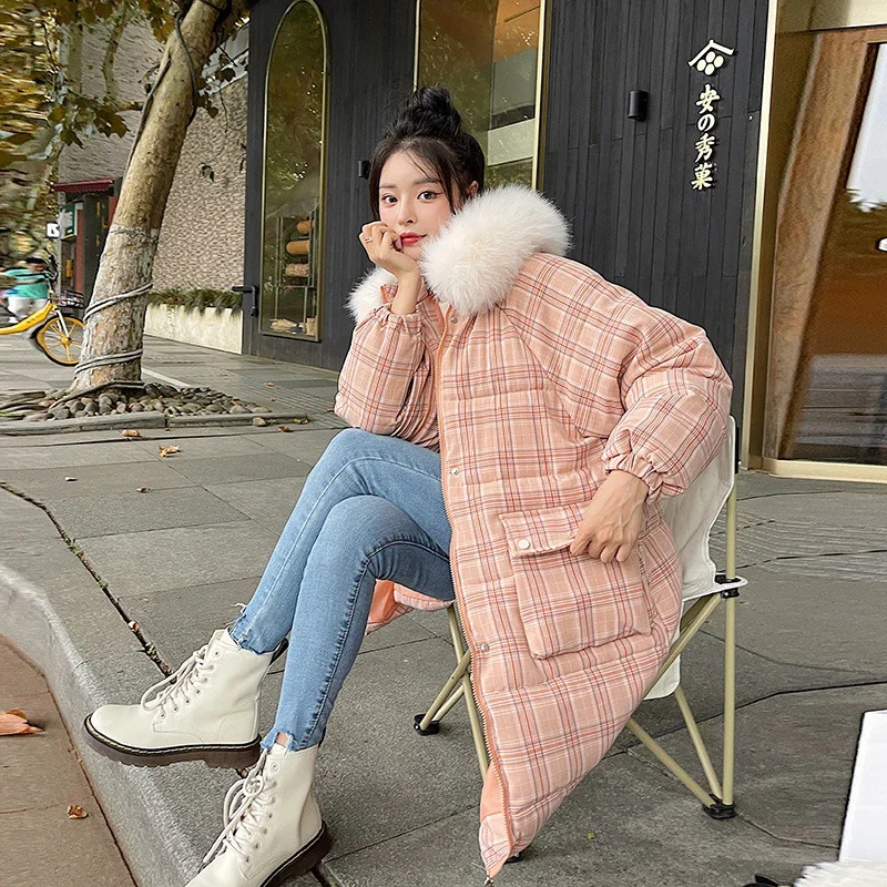Plaid Jackets 2021 Winter Coats New Loose Over the knee Long Cotton Coat Big Fur collar Pocket Thick Padded Jackets Women Parkas