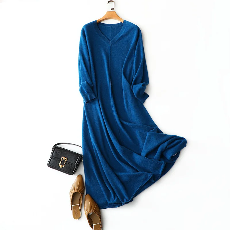 

Shuchan 100% Cashmere Long Sleeve Dress Office Lady A-LINE Ankle-Length V-Neck Maxi Dresses for Women Natural Factors Solid