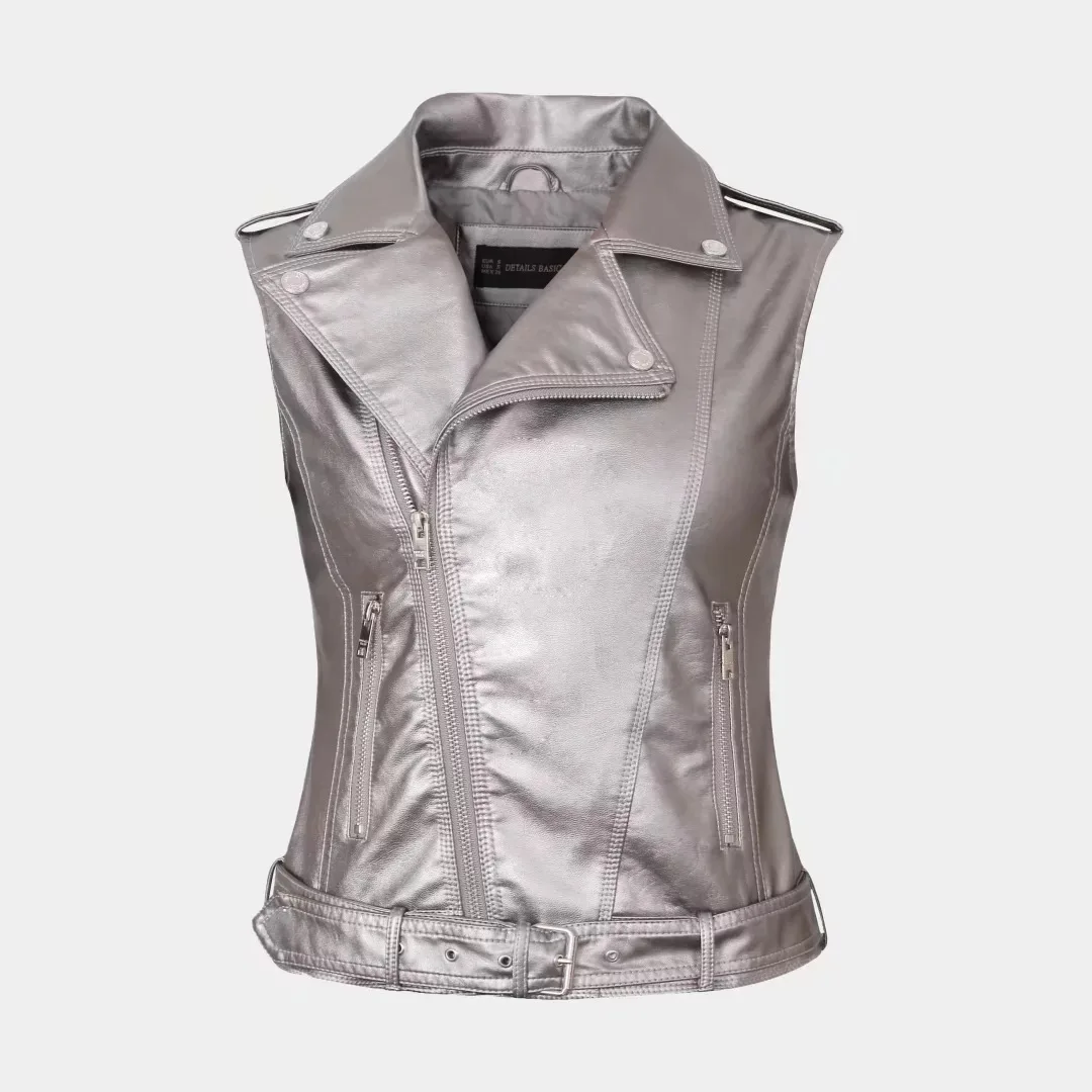 

Girls Punk Rock Sleeveless Vest Leather Coat Zipper Motobike Metallic Jacket Yuppie Skating Gutiar Show