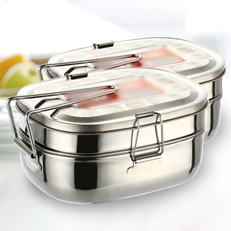 

Double Layer Stainless Steel Lunch Box Square Bento Food Container Hold Rice Cafeteria Food Easy Carry Tableware Lunch Box