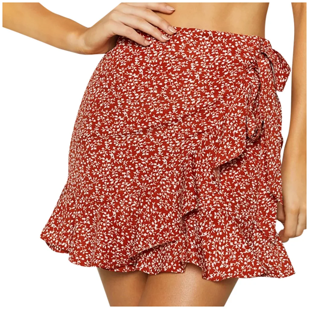 

ISHOWTIENDA Women Summer Casual High Waist Floral Print Ruffled Beach Zipper Short Skirt skirts womens mini
