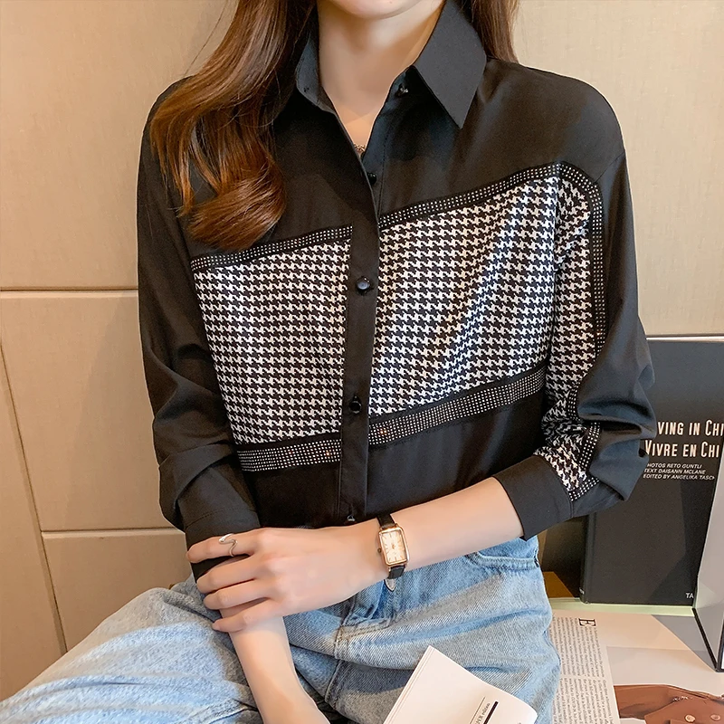 

Silk Women's Blouse Loose Polo Girl's Shirt Summer Fashion Plus Size Chiffon Print Casual Long Sleeve Top Lady Blusas Houthion