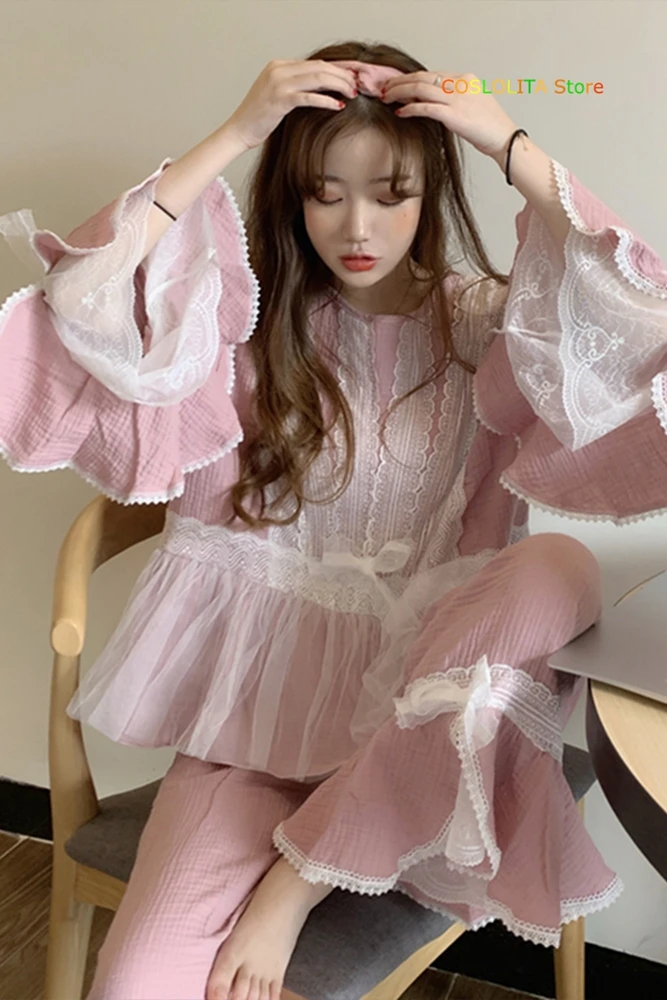 

Super fairy Net yarn Bowknot Autumn winter Long-sleeved Pajamas Women's Autumn Sweet 2020 New Pajamas Homewear two-piece suit