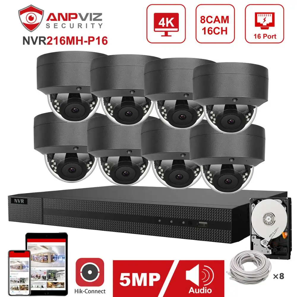 

Hikvision OEM 16CH 4K NVR Anpviz 8pcs 5MP POE IP Camera System Indoor/Outdoor IP Camera Security Kit IP66 30m P2P