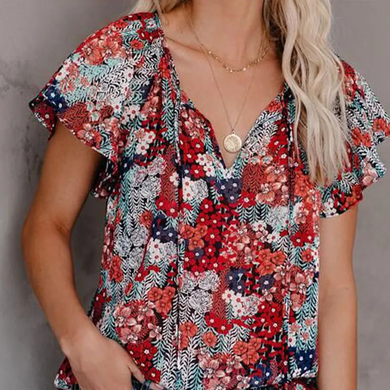 

2021 Summer Ruffles Shirts Celmia Women Short Flare Sleeve Tops Fashion V-neck Lace Up Blouses Office womens New Casual Tops