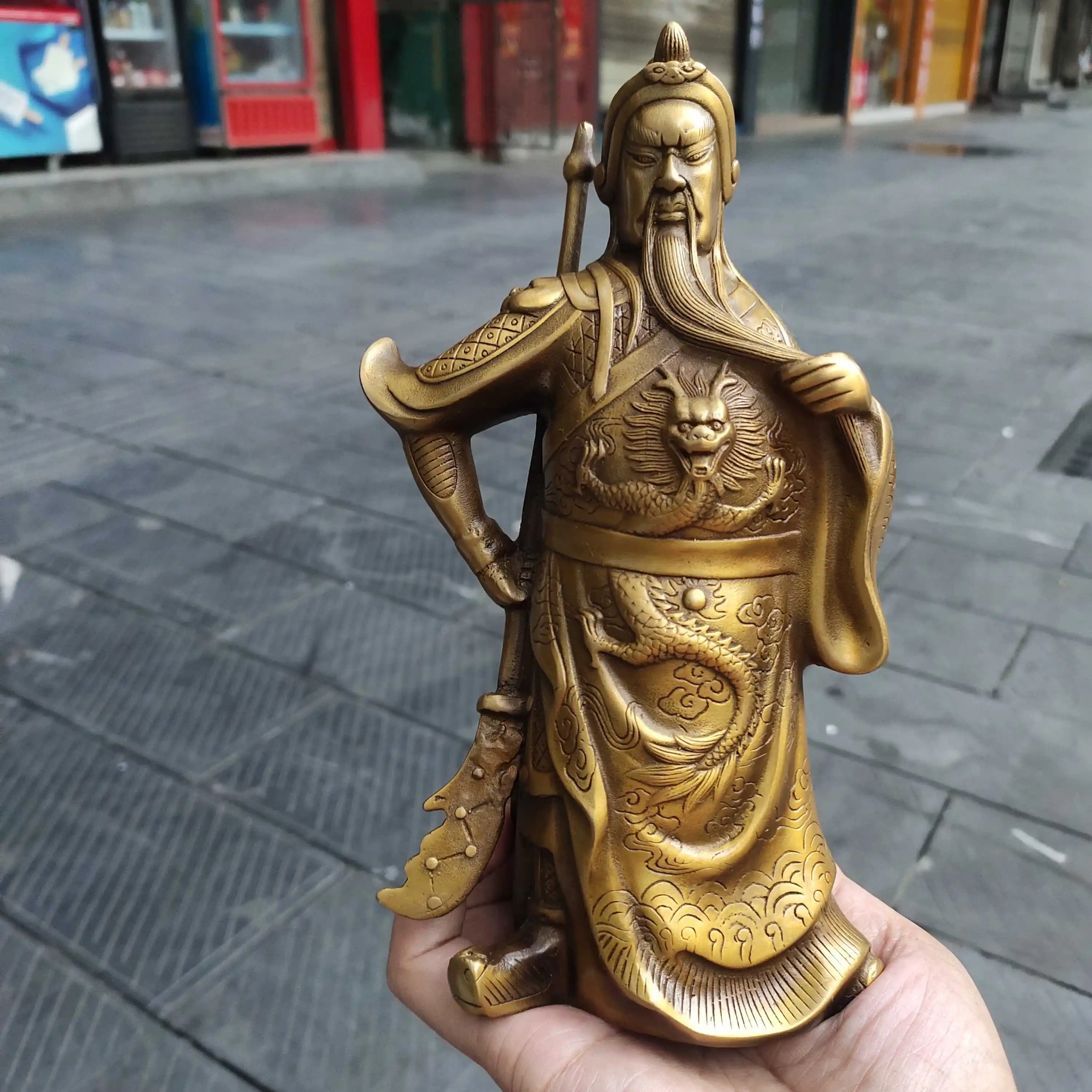 

Высота 21,5 см, старая скульптура Guan Gong из чистой меди, фотоантичная статуя