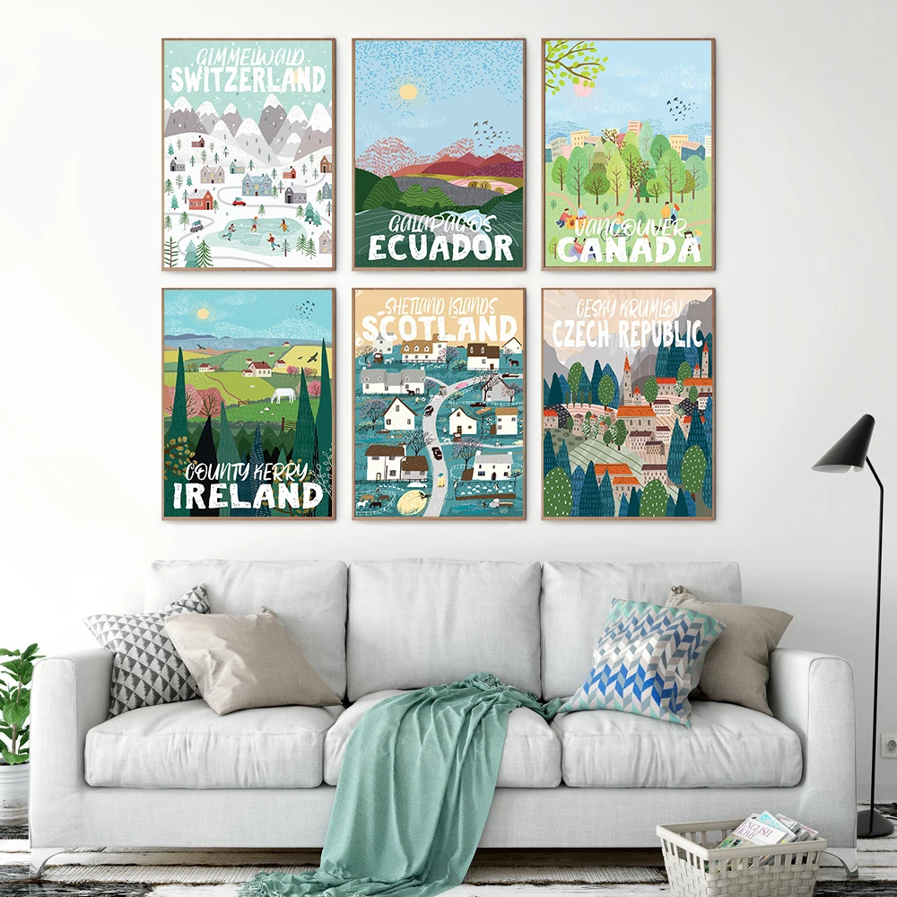 

Cartoon Travel Natural Scenery Poster and Print Canda France Forest Landscape Canvas Painting Nordic Wall Art Picture Home Decor