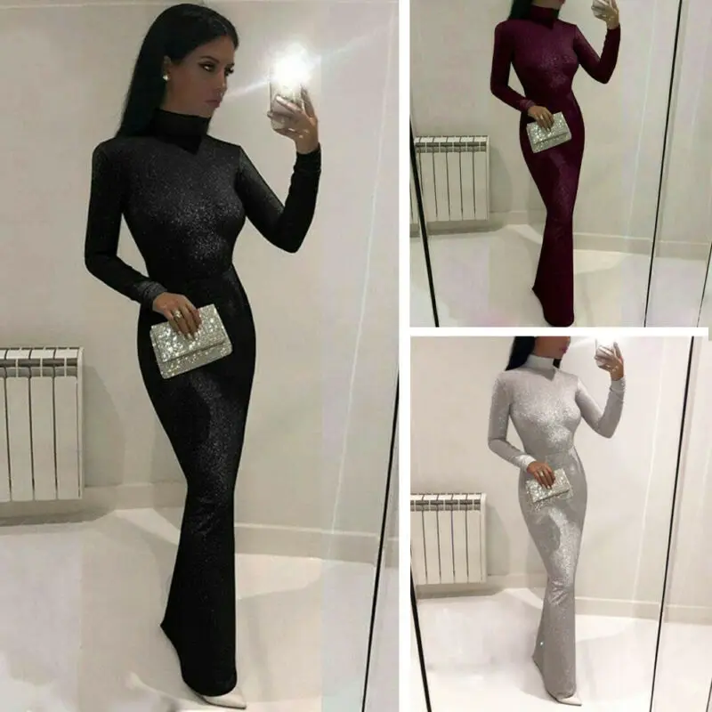 Женское модное блестящее однотонное облегающее платье-водолазка с длинным