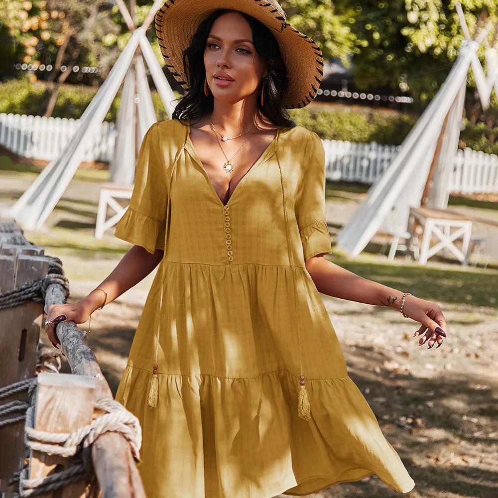 

Loose-waist Casual Fashion Dress 2021 Summer 5-point Sleeve Short V-neck Women's Skirt