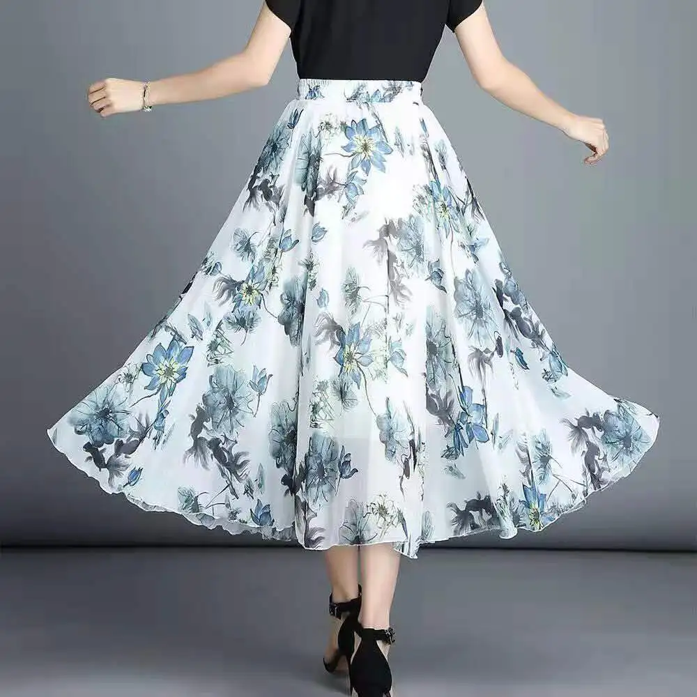 

Boho Floral Women's Maxi Skirt Elastic High Waist Vintage Pleated Womens Skirts 2021 Summer Fashion Clothes Female Chiffon Skirt