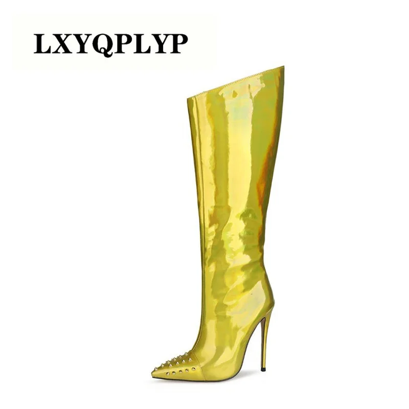 Fashion Women's Shoes Pointed Toe Stilettos Heels Zipper Elegant Ladies Boots Gold Silver Rivets Knee High Boots Women Shoes