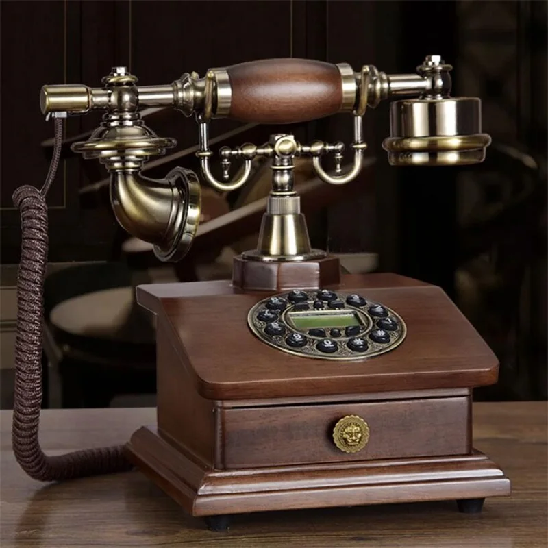 

Solid Wood Antique Corded Landline Telephone Resin Fixed Digital Retro Phone Button Dial Vintage Decorative Telephones for Home