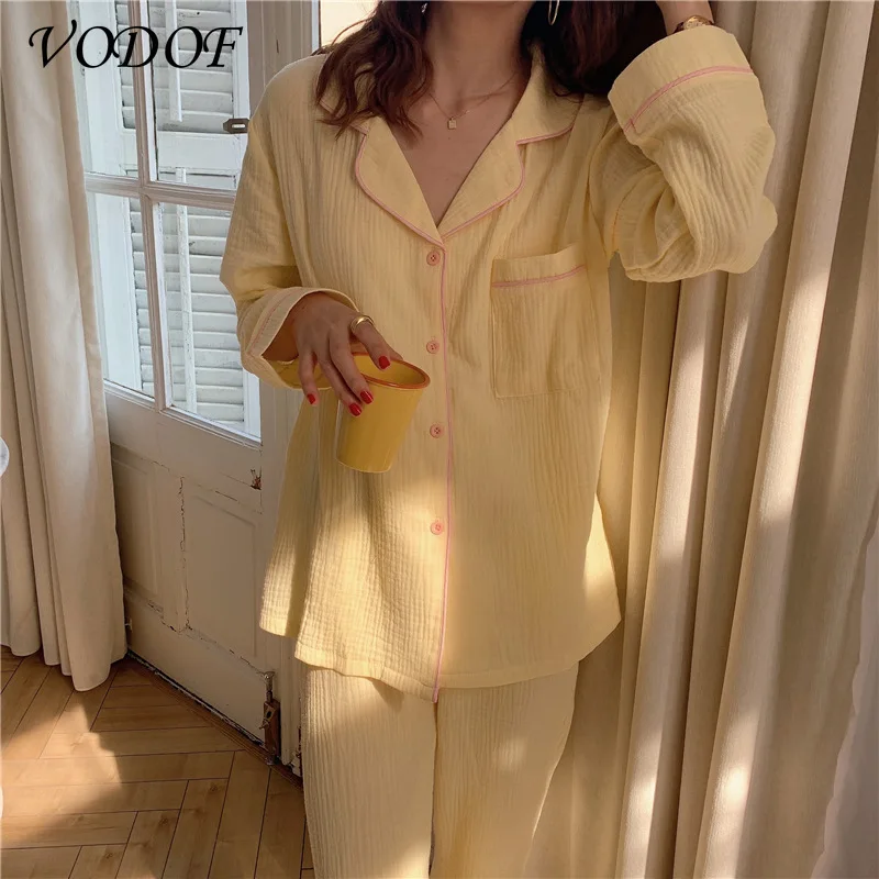 VODOF New Style Ladies Cotton Long-sleeved Trousers Pajamas Suit Cute Home Service Suit Women