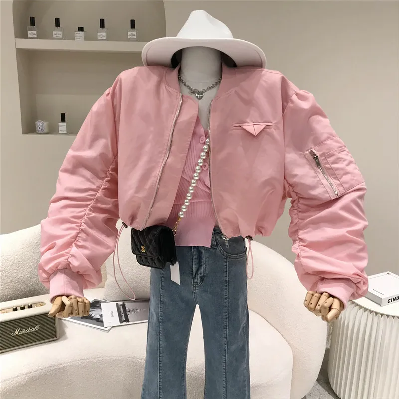

Short Jacket for Women Spring and Summer New Folds Sleeves Coat Loose All-match Baseball Uniform Fashion Solid Colour Jacket