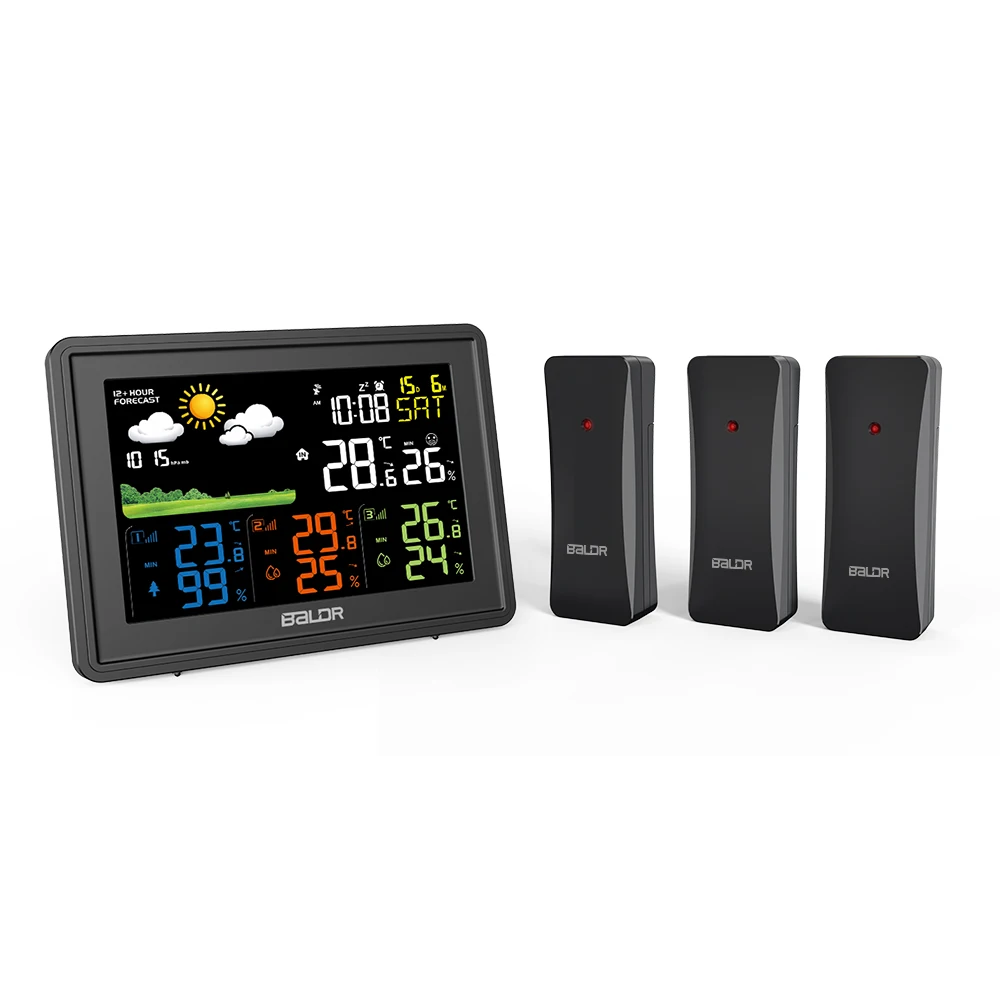 Цифровая метеостанция Baldr, комнатный и уличный гигрометр, термометр, датчик давления и прогноза погоды с будильником и часами с подсветкой