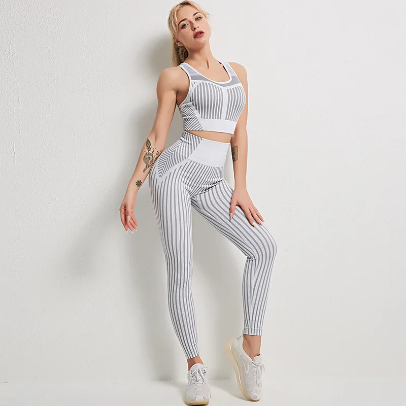 

Stripe 2 piece women's gym suit sports bra and leggings suit women's gym suit exercise suit exercise yoga suit