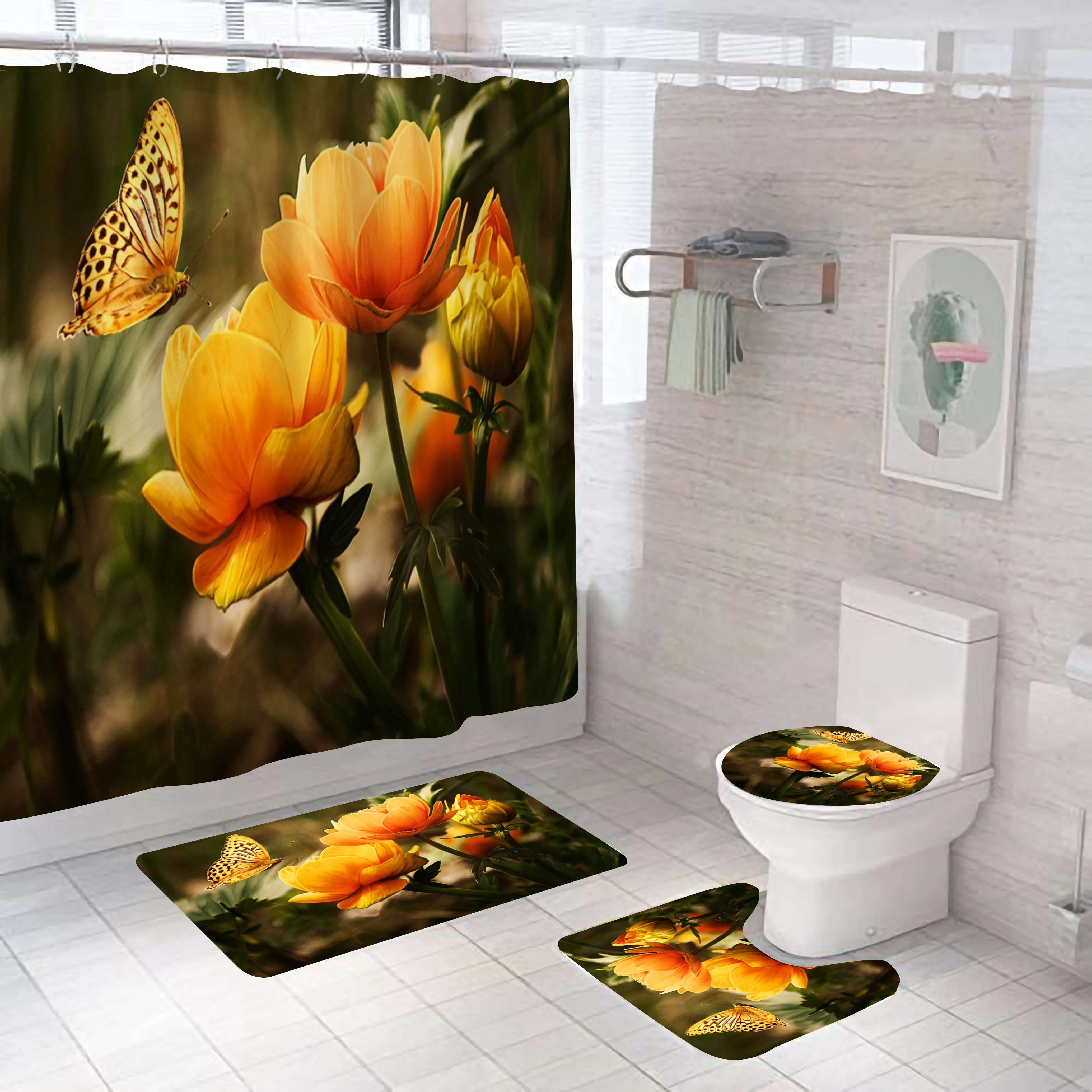

Yellow Flower Shower Curtain Butterfly Bathroom Set Fashion Pattern Bath Curtains Non Slip Toilet Cover Floor And Mat Rug Sets
