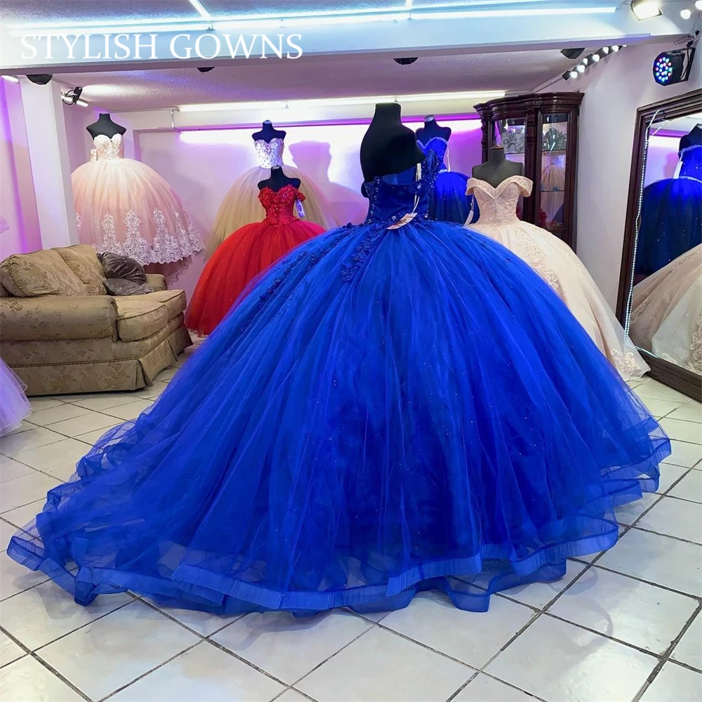 

Женское платье с открытыми плечами, синее бальное платье принцессы, расшитое бисером, с 3D цветами, 16 15