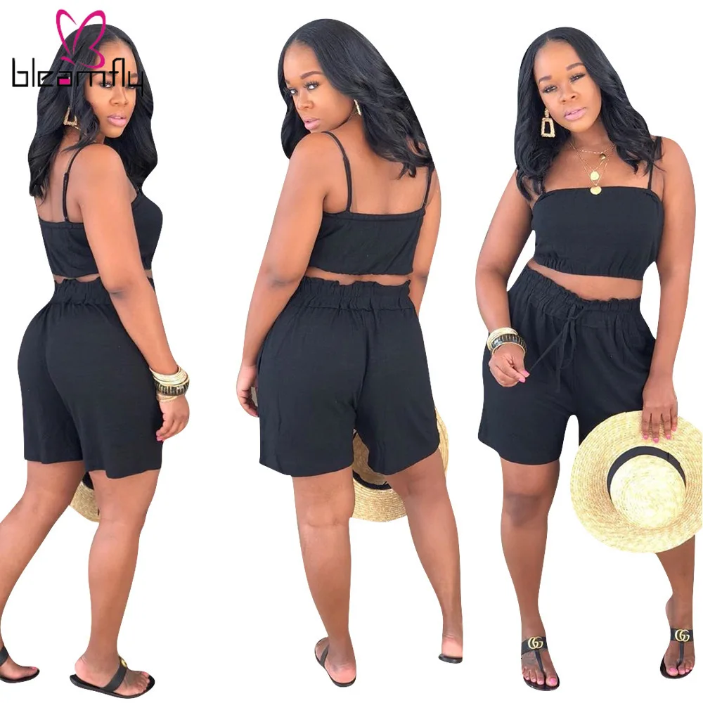 2019 Женский Летний Новый черный однотонный короткий топ с бретельками и шорты