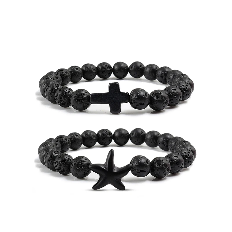 Мода крест Морская звезда браслет натуральный черный Лава матовый Яркий Камень