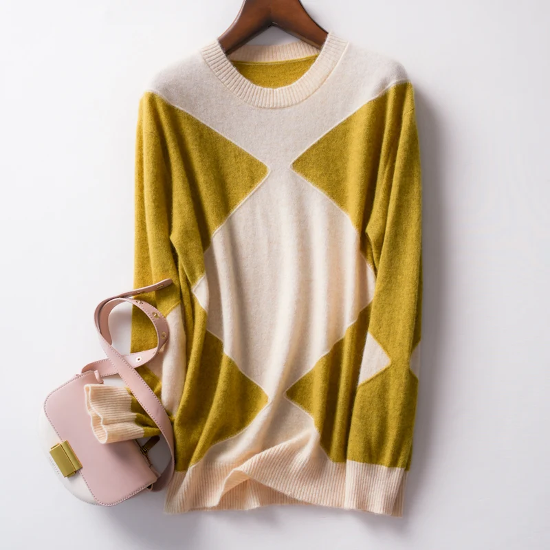 

2021 autumn and winter cashmere sweater women's pure cashmere round neck sweater color matching diamond lattice hedging wool