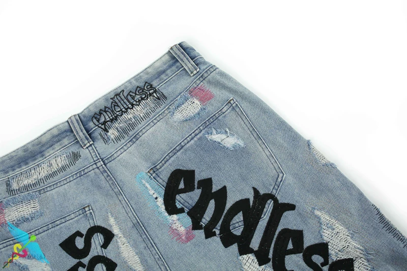 

Distressed Hip-Hop Jean Men Women Top Quality Streetwear Black Fluorescent Green Letter Embroidery Denim Damage Hole Pants