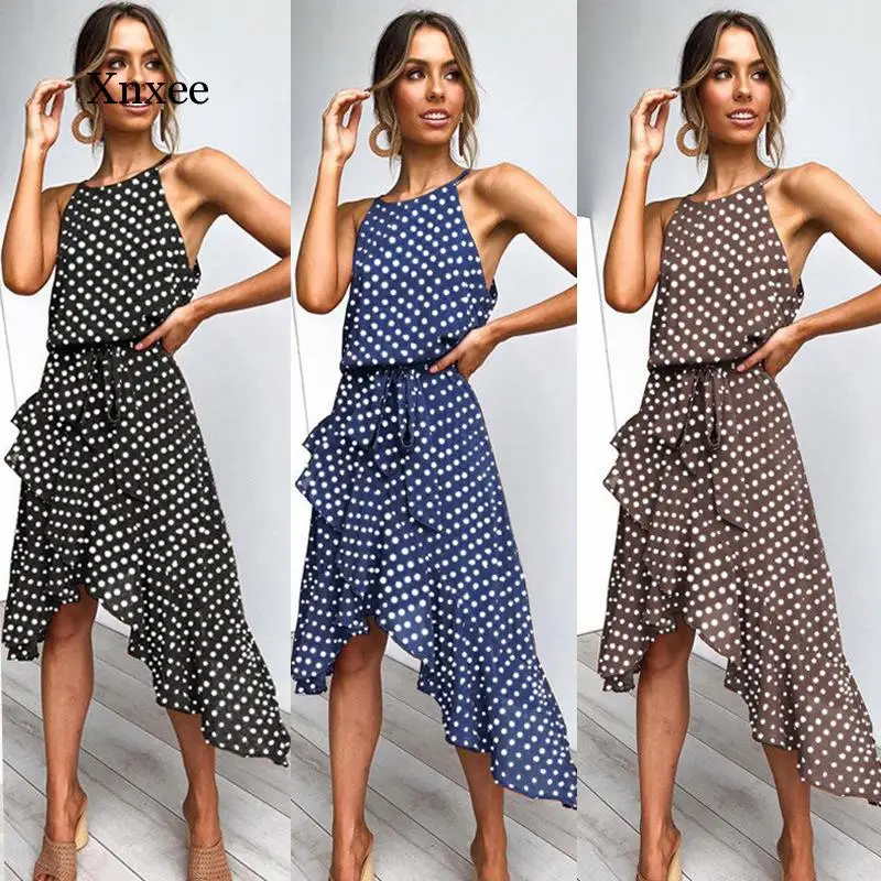 

2021 летнее платье для женщин с принтом в горошек для маленьких девочек асимметричное платье без рукавов женские бохо платье модные вечерние ...