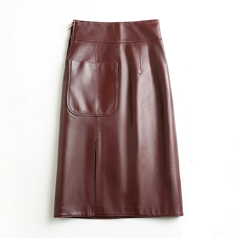 Spring Female Genuine Leather Skirts Women High Waisted Wrap Skirt Mujer Knee Long Wine Red/Black Split Sexy Saia With Pocket OL