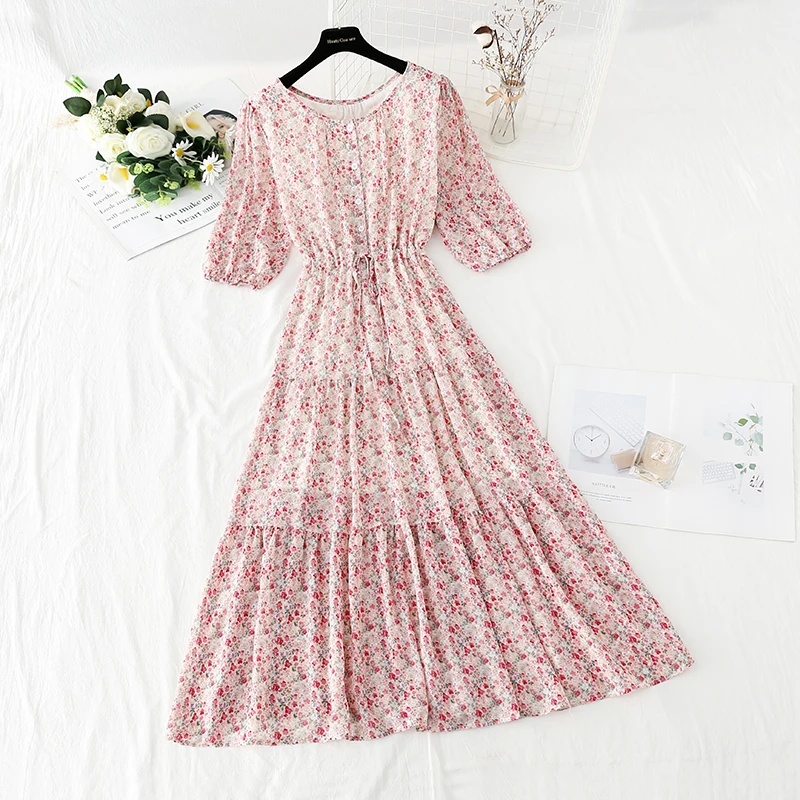 

2021 Summer Round neck Floral Print Chiffon Dress Boho Style Party Beach