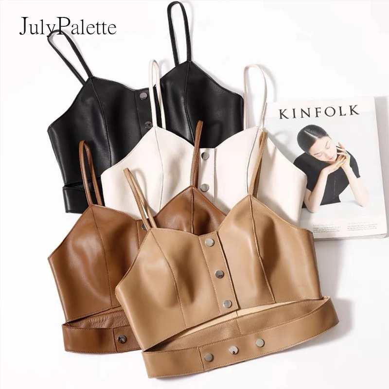 Julypalette Women's Corset Sexy Black Genuine Leather Short Crop Top 2022 Spring Summer Fashion Lady Real Lambskin Strap Camis