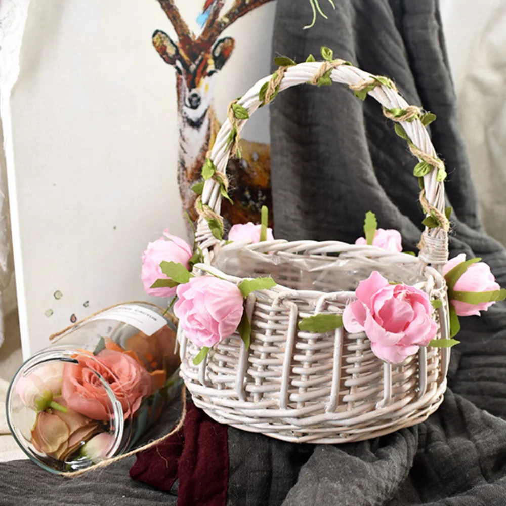 

1PC Wedding Flower Basket Decor Delicate Rattan Woven Flower Basket Flower Girl Tote Flower Basket Creative Scattering Petals Ba