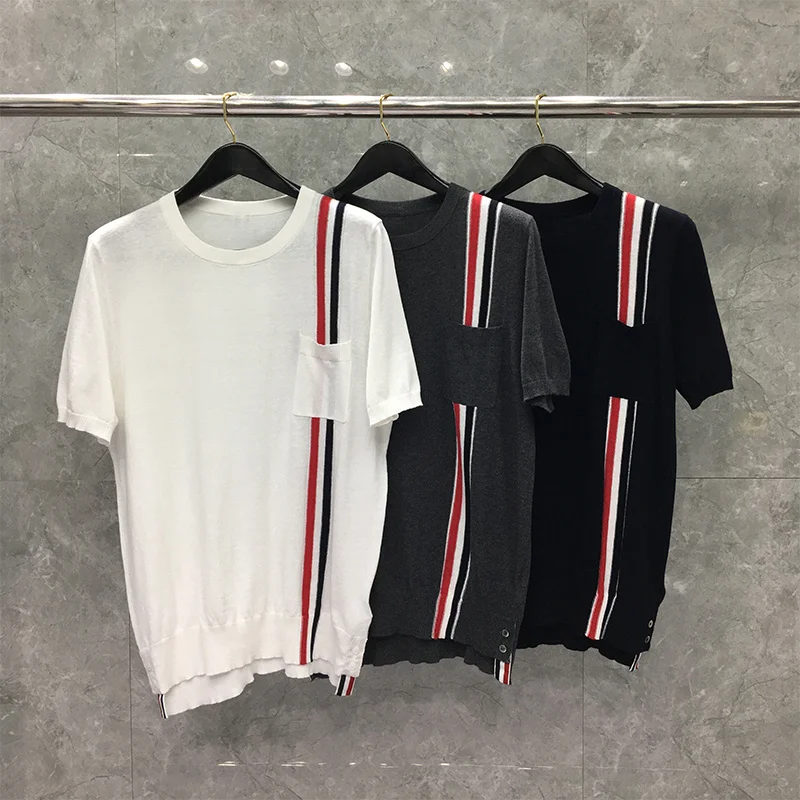 

THOM TB T-Shirt Summer Clothing Men Lovers Korean Style Custom Tees Interlocking RWB Stripe Knit O-Neck Short Sleeve Sweatshirt