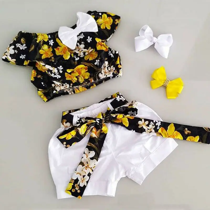 

1-5T 2PCS Set Summer Baby Girl Outfits Girls Flower Top Kid T-shirt Solid Short Pant For Newborn