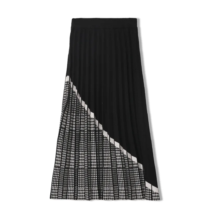 

SAYTHEN Brand Designer Striped Pleated Mid Skirt 2021 New Woolen Plaid Skirt Winter Women Elastic High Waist Casual A-line Skirt