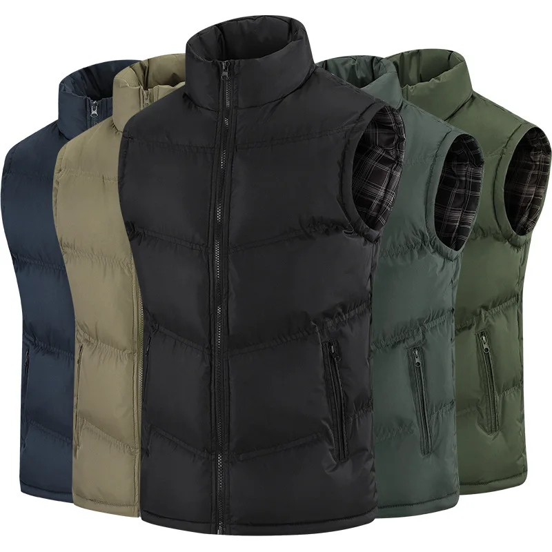 

Men's Padded Vest Thick Winter Warm Puffer Waistcoat with Zipper Pocket Solid Color Check Lining Jacket Outwear Male Clothes