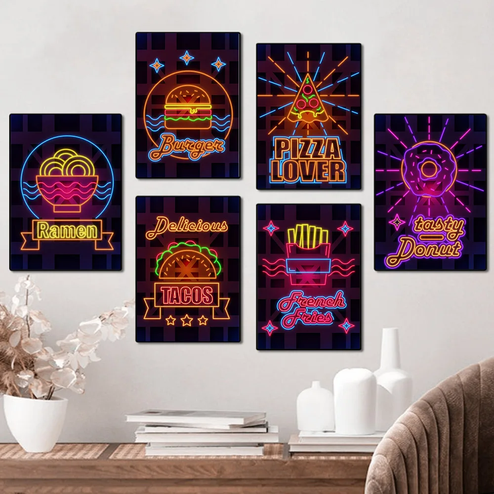

Nordic Style Cartoon Food Hamburger Pizza Ramen Donut Poster and Print Canvas Picture For Kitchen Restaurant Home Decor Painting